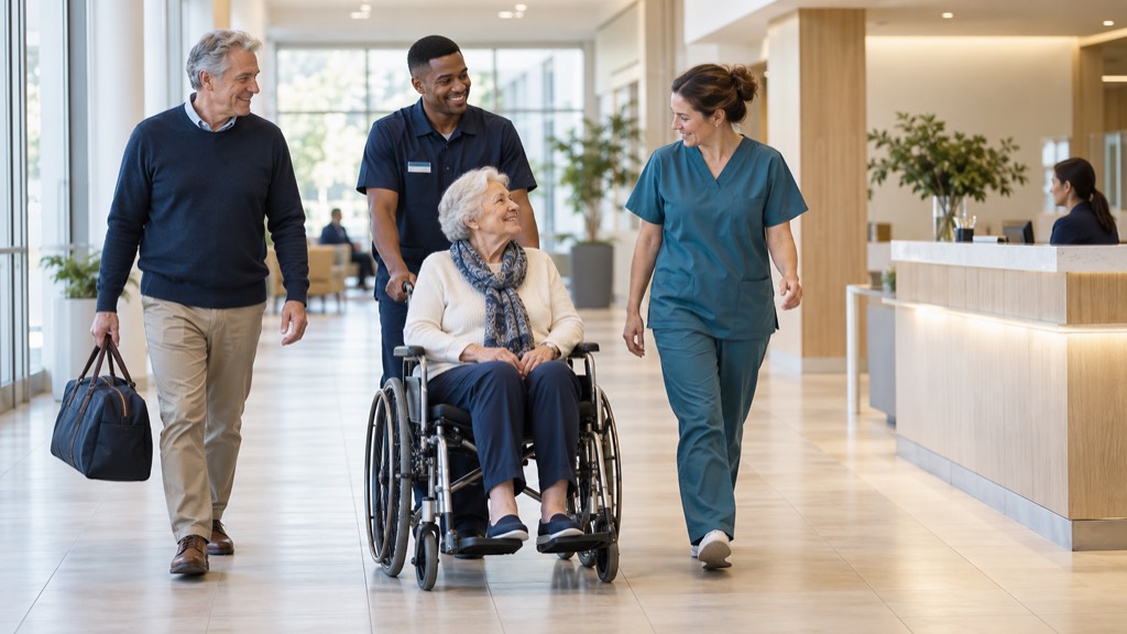 An older patient in a wheelchair arrives through a hospital atrium with a relative, a porter and a nurse walking alongside.