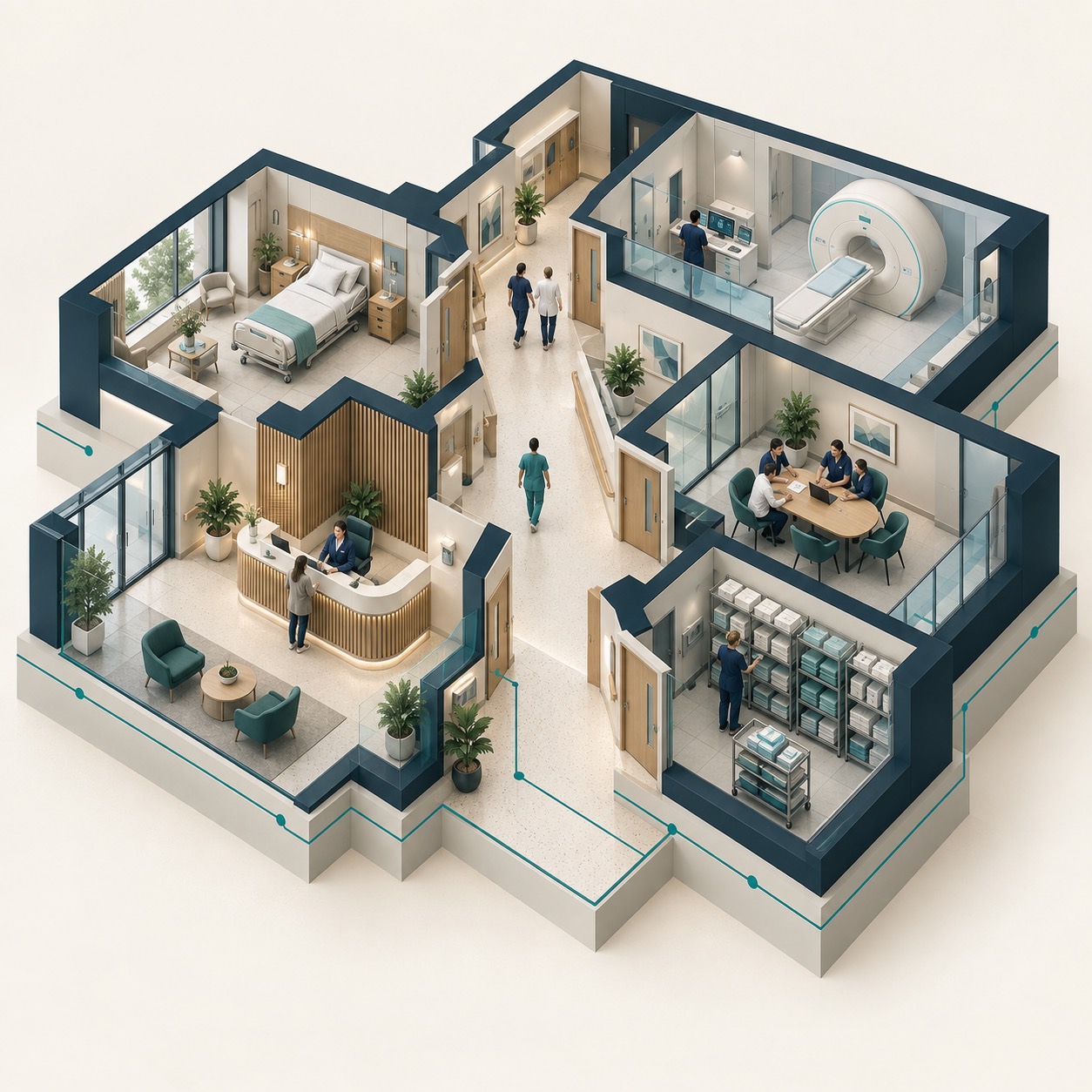 Isometric illustration of a hospital floor: reception and waiting area, an inpatient room, an imaging room, a meeting room and a stores room, connected by a central corridor with staff walking between them.