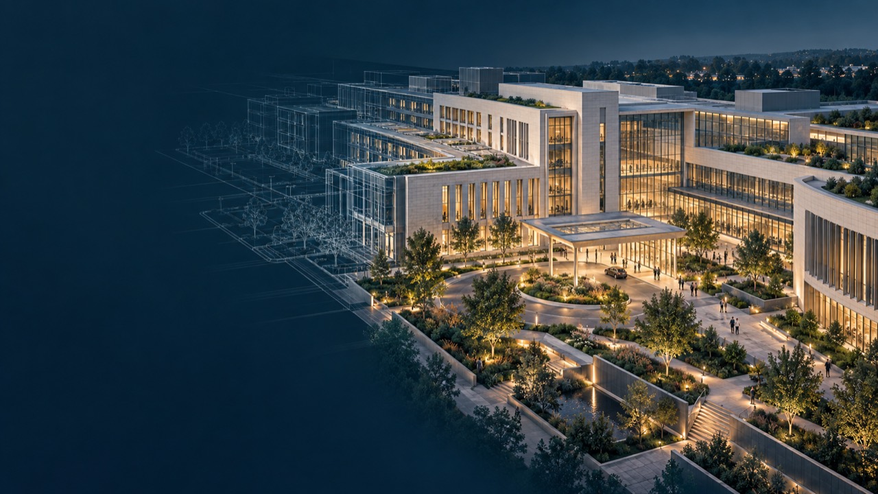 Illustration of a new hospital at dusk, lit and landscaped, with part of the building still shown as an architectural wireframe.