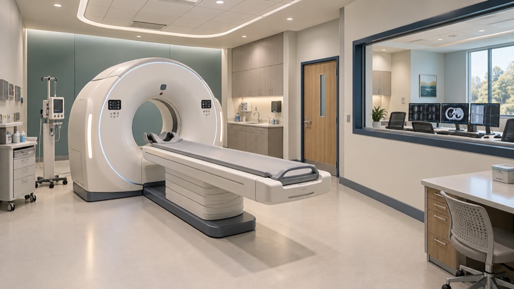 A newly fitted CT scanning room with the scanner, patient table and a control room visible through an observation window.