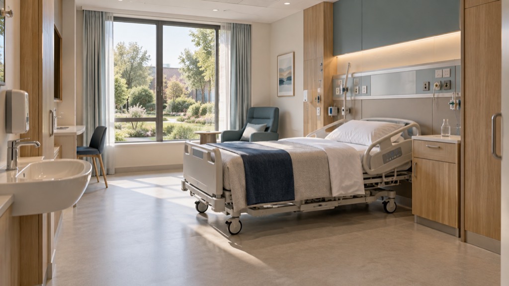 An empty, fully prepared single inpatient room with a made bed, bedhead services, a recliner chair and a window onto a garden.