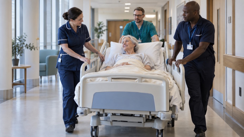 A nurse, a porter and a colleague move a smiling older patient in a bed along a bright hospital corridor.