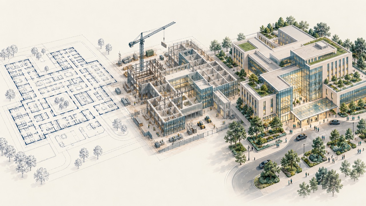 Illustration of a hospital site shown in three stages from left to right: an architectural floor plan, the building under construction with a crane, and the finished hospital in use with people arriving.