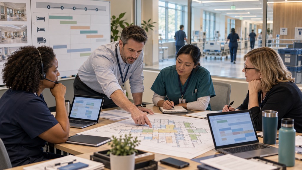 A multidisciplinary team around a table reviewing a colour-coded floor plan, with a move schedule on the wall behind them.